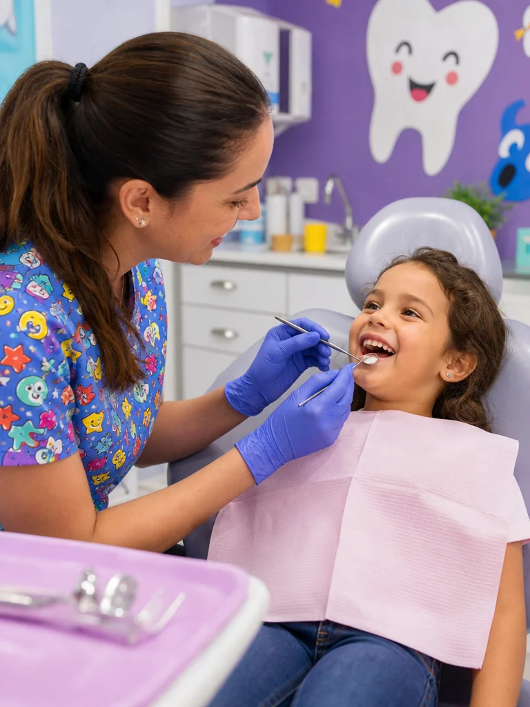 Friendly dentist interacting with a young patient in a bright clinic