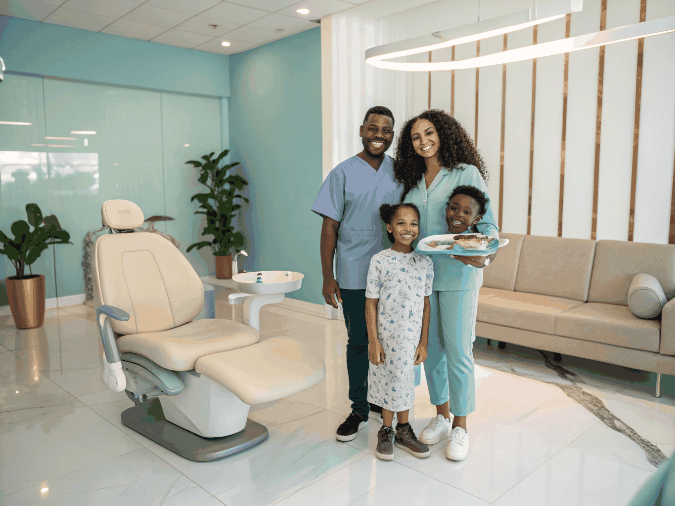 Friendly dentist and hygienist welcoming a family in a warm, boutique dental clinic setting
