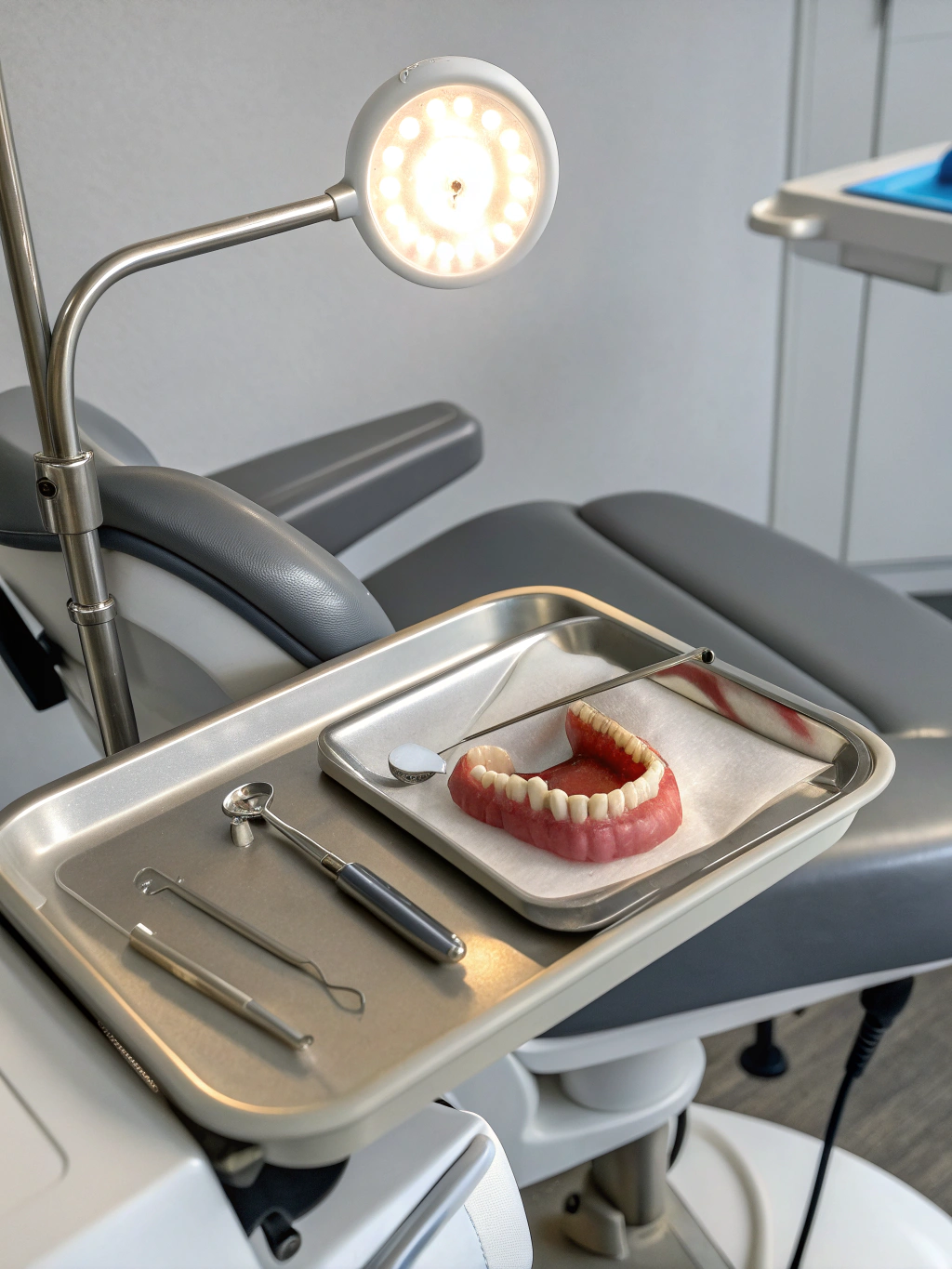Close-up of dental tools and restorative materials in a clean clinic